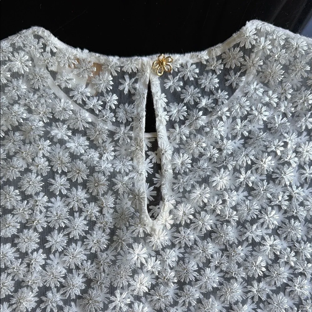 Kate Spade Delicate Shimmery Silver and White Embroidered Floral Lace Top